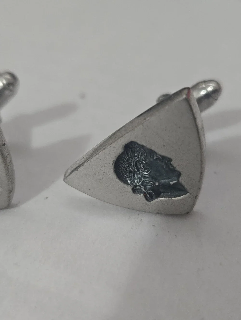 Anson Designer Signed Carved Duke Face Overlay Sliver Plated Cufflinks